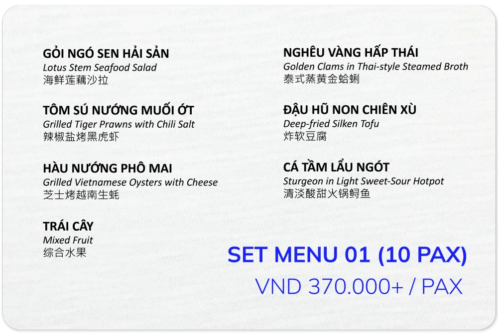 Set menu 01 cho 10 khách, 370.000đ mỗi khách