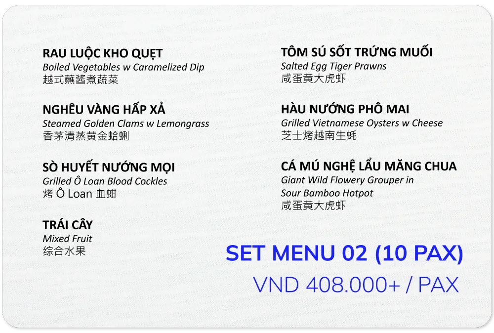 Set menu 02 cho 10 khách, 408.000đ mỗi khách