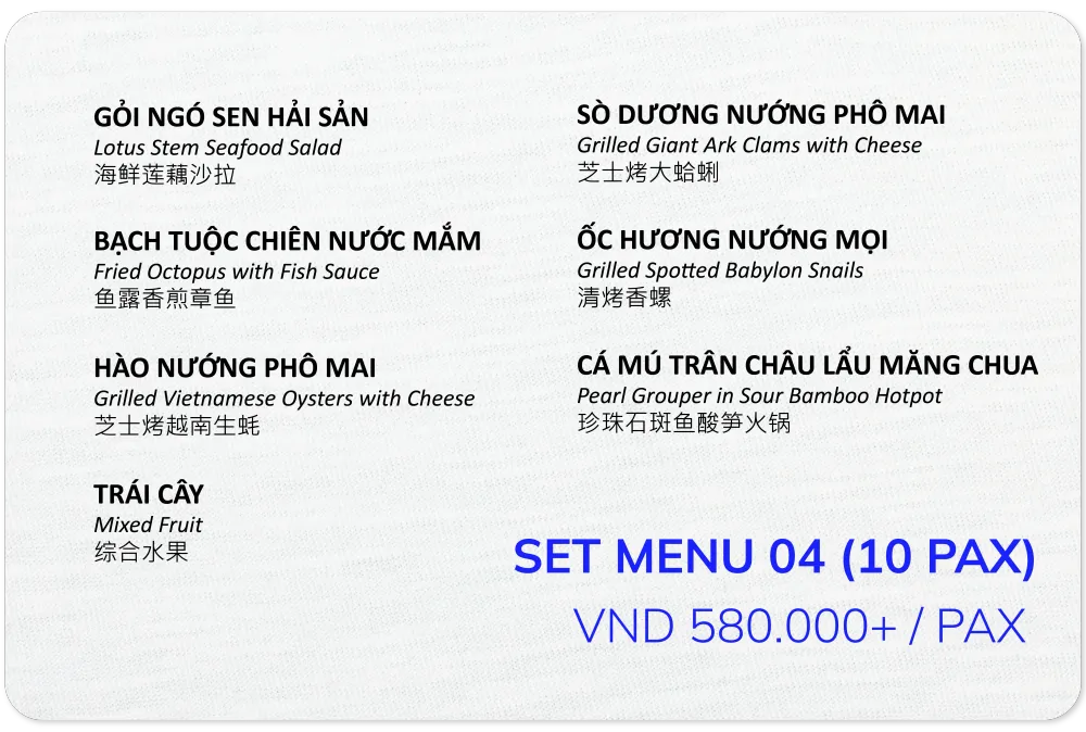 Set menu 04 cho 10 khách, 580.000đ mỗi khách