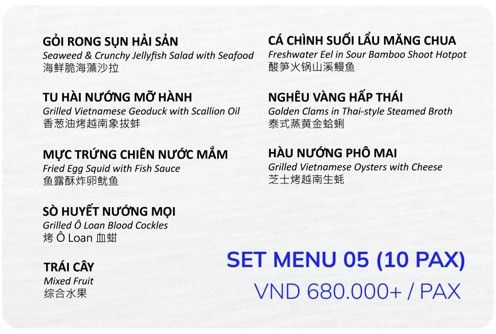 Set menu 05 cho 10 khách, 680.000đ mỗi khách