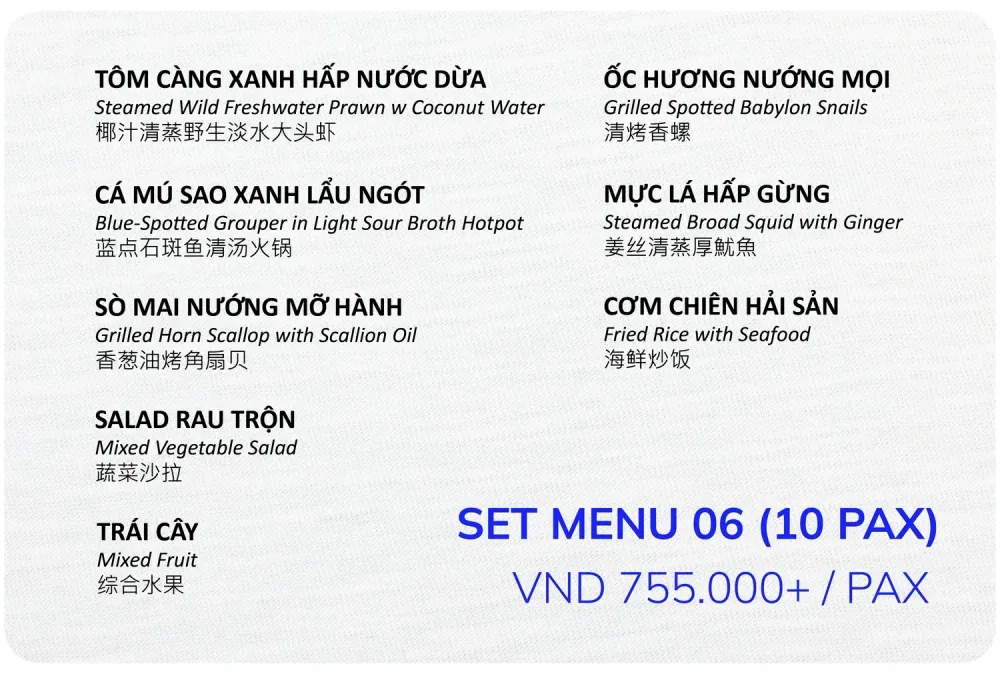 Set menu 06 cho 10 khách, 755.000đ mỗi khách