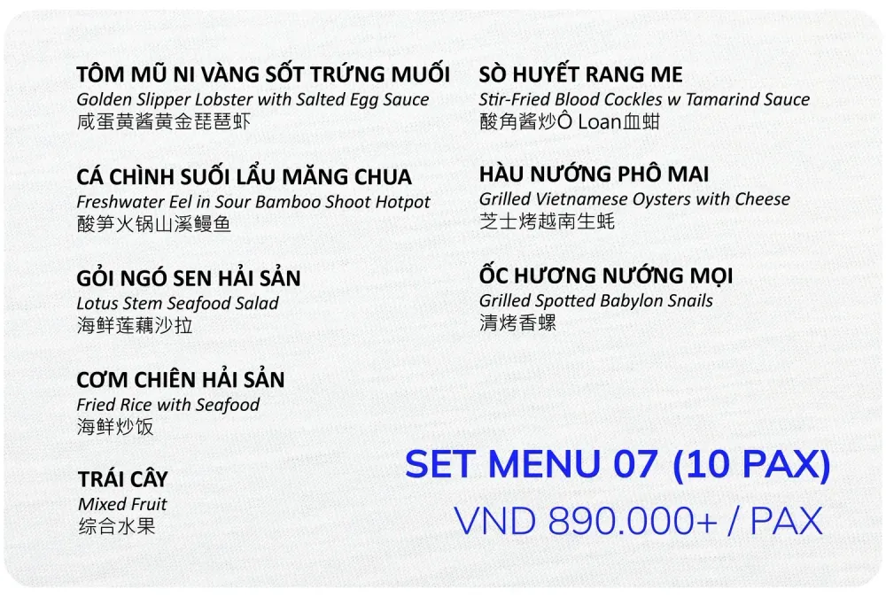 Set menu 07 cho 10 khách, 890.000đ mỗi khách