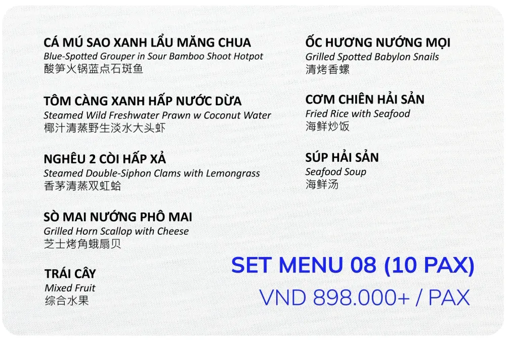 Set menu 08 cho 10 khách, 898.000đ mỗi khách