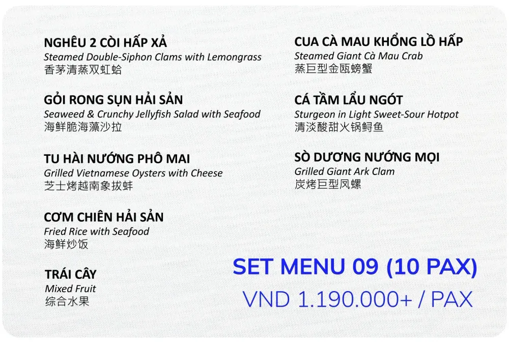 Set menu 09 cho 10 khách, 1.190.000đ mỗi khách