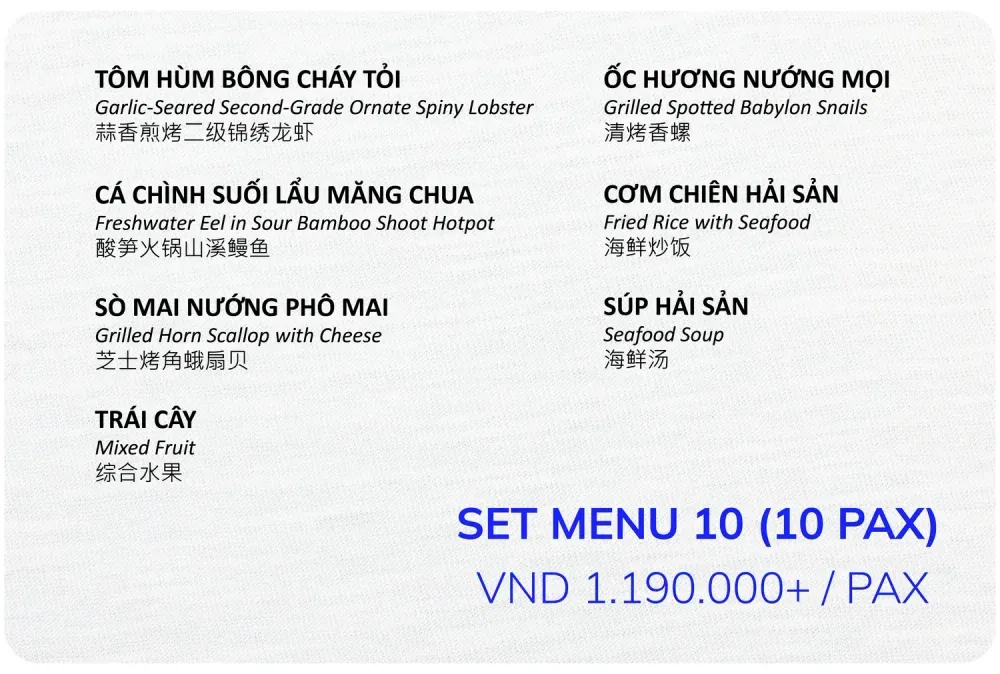 Set menu 10 cho 10 khách, 1.190.000đ mỗi khách