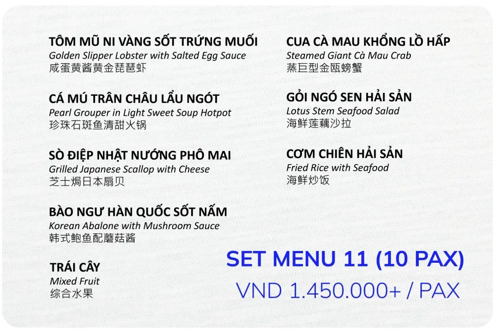 Set menu 11 cho 10 khách, 1.450.000đ mỗi khách