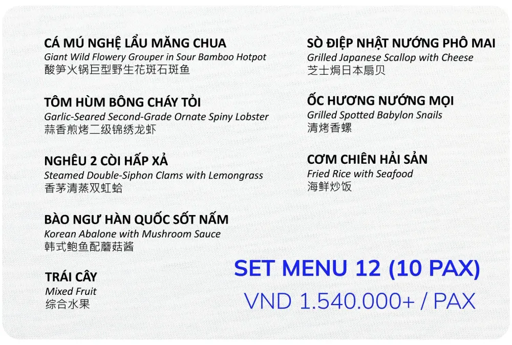 Set menu 12 cho 10 khách, 1.540.000đ mỗi khách