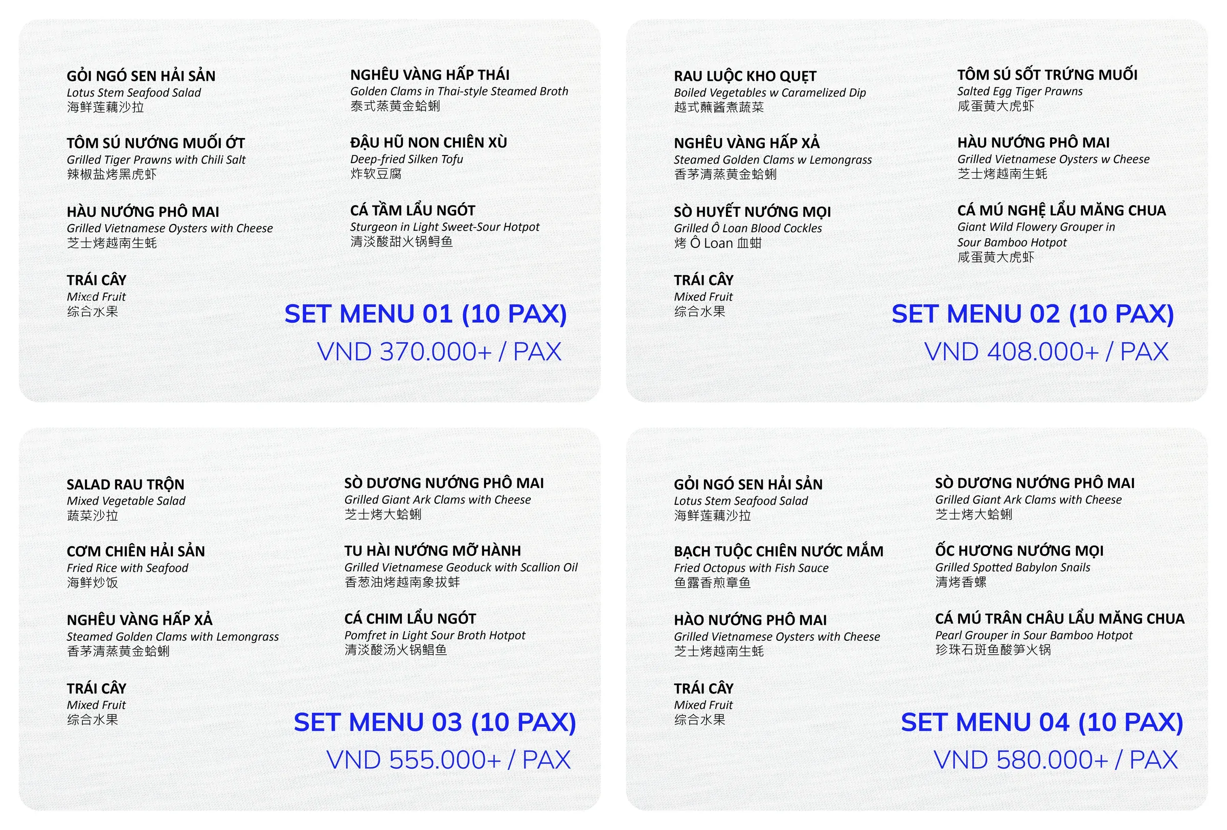 Set menu 01–04 cho 10 khách, giá từ 370.000đ mỗi khách