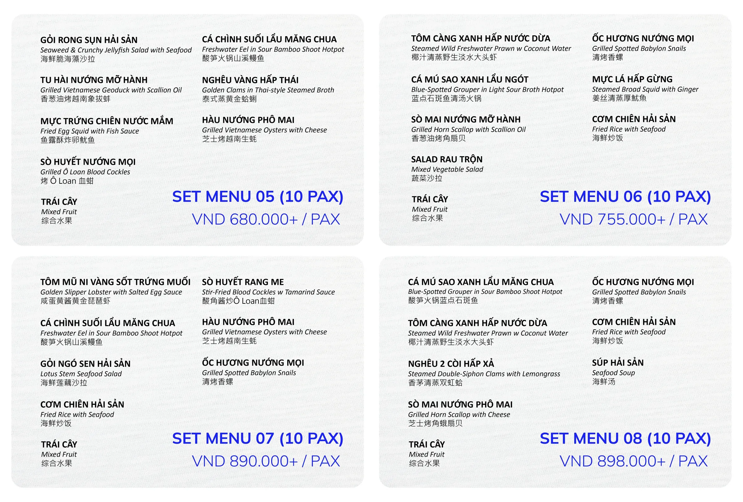 Set menu 05–08 cho 10 khách, giá từ 680.000đ mỗi khách