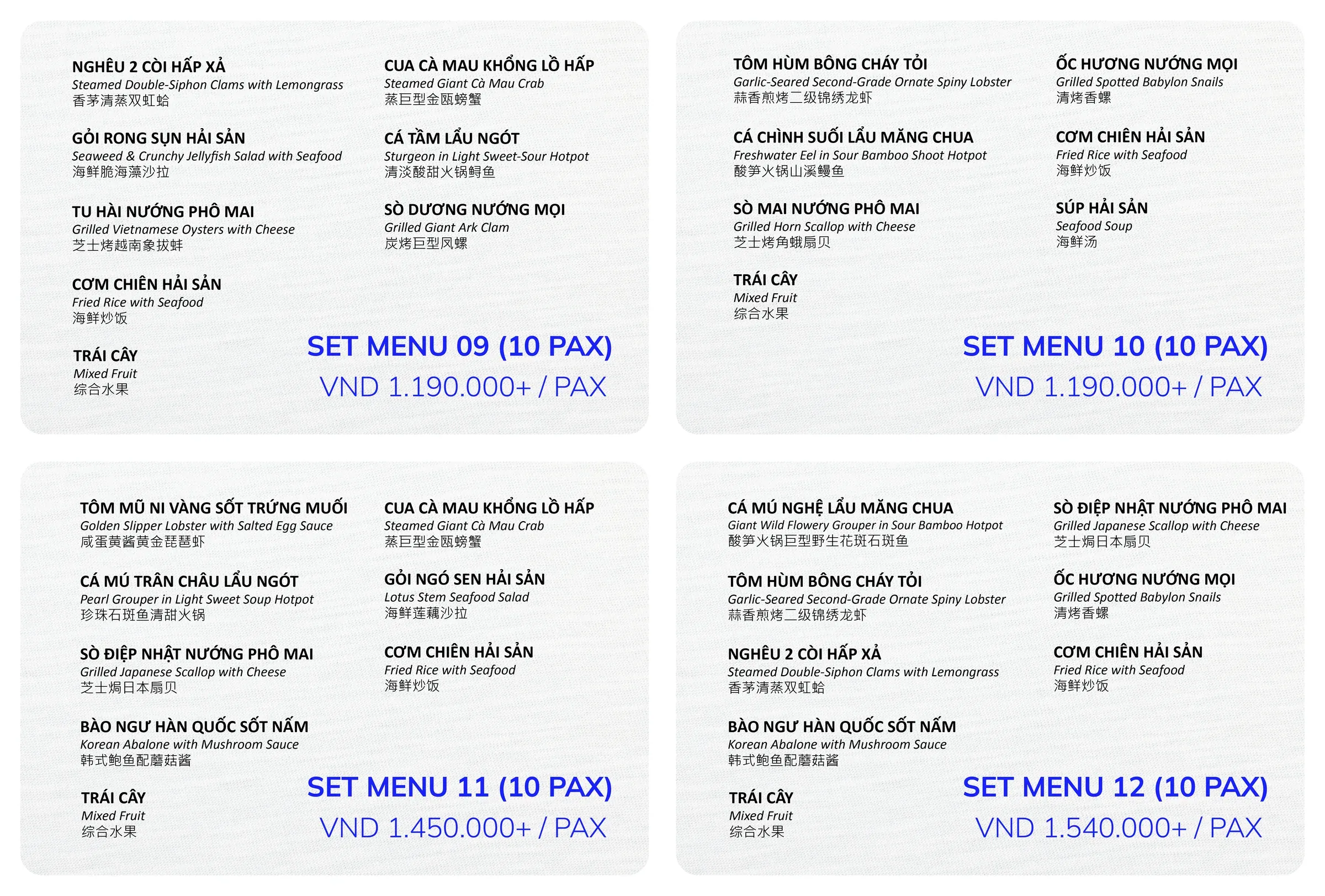 Set menu 09–12 cho 10 khách, giá từ 1.190.000đ mỗi khách